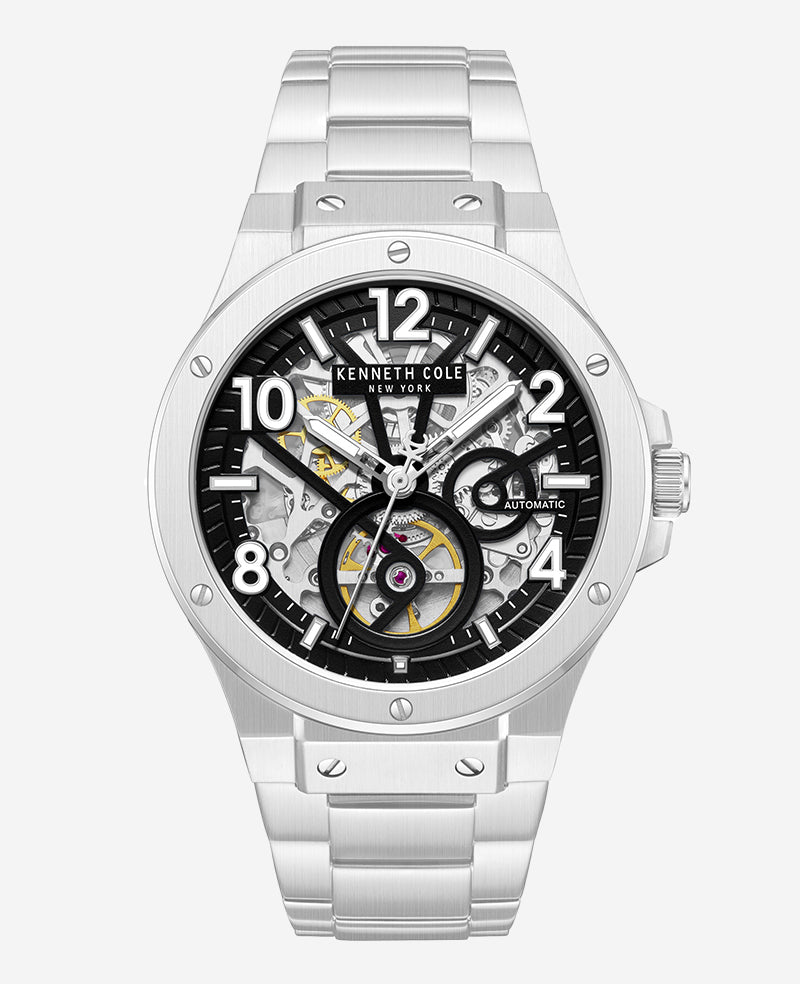 Kenneth Cole - Skeleton Automatic Silver-IP Black Dial Stainless Steel Bracelet Watch MENS WATCHES for Men