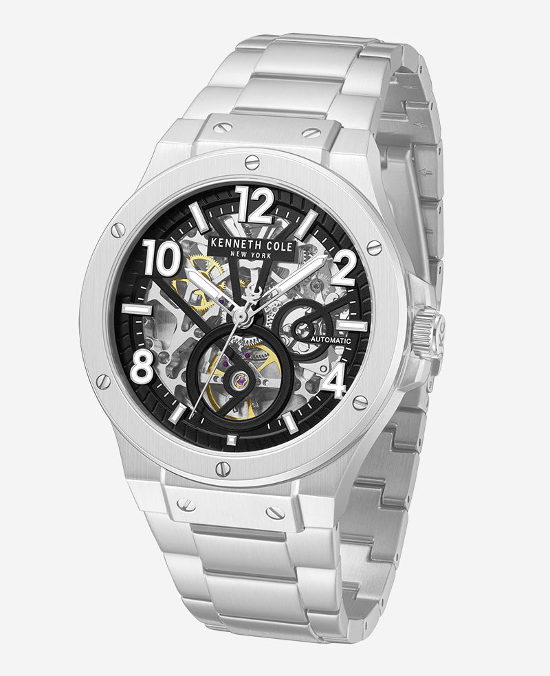 Kenneth Cole - Skeleton Automatic Silver-IP Black Dial Stainless Steel Bracelet Watch MENS WATCHES for Men