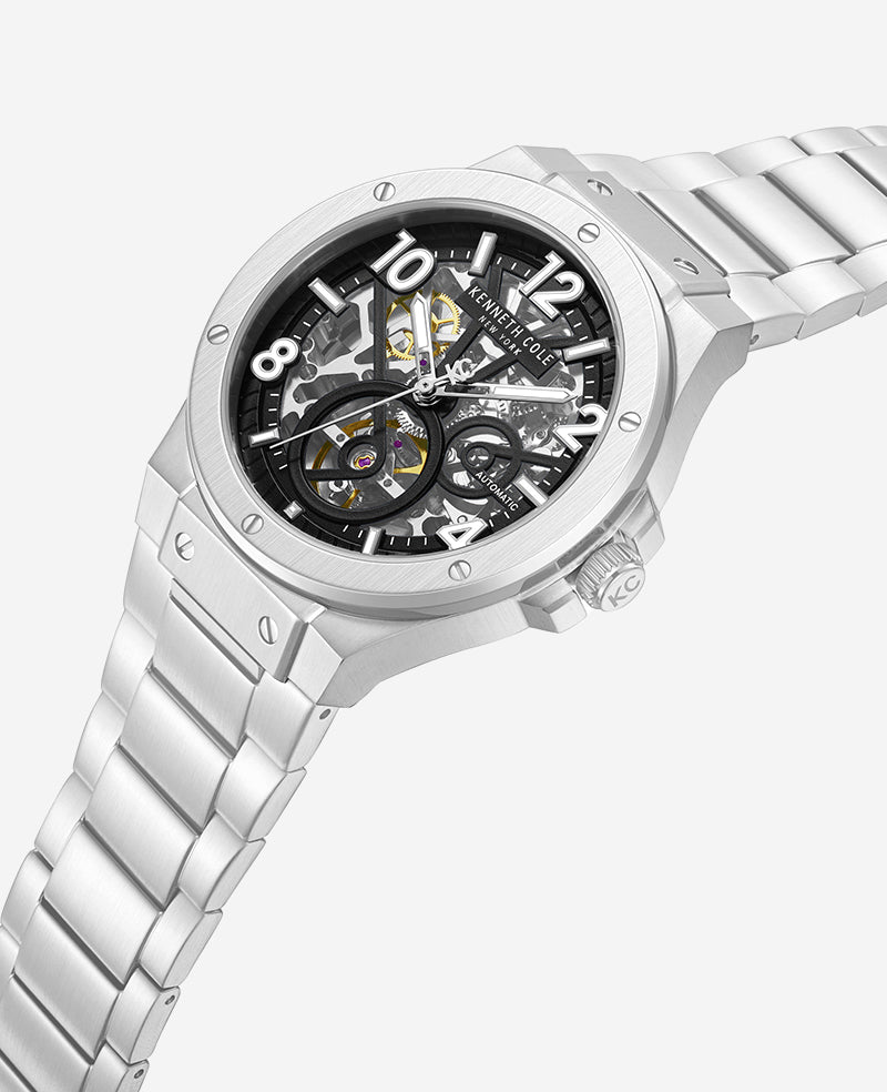 Kenneth Cole - Skeleton Automatic Silver-IP Black Dial Stainless Steel Bracelet Watch MENS WATCHES for Men