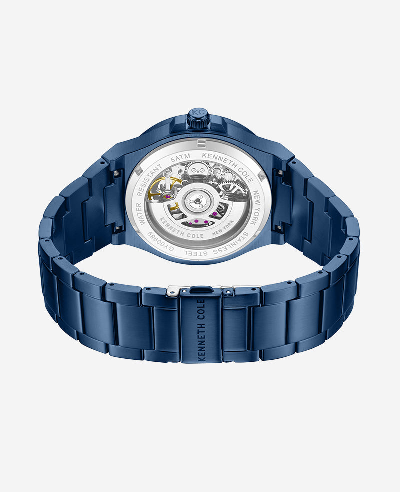 Kenneth Cole - Skeleton Automatic Blue-IP Stainless Steel Bracelet Watch MENS WATCHES for Men