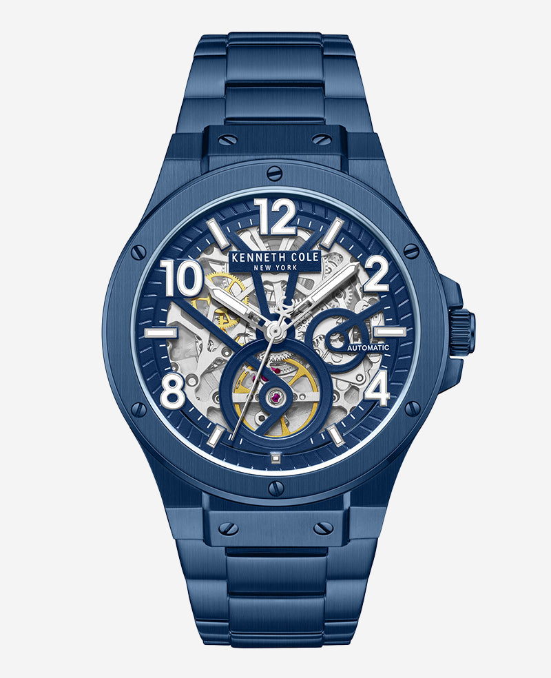 Kenneth Cole - Skeleton Automatic Blue-IP Stainless Steel Bracelet Watch MENS WATCHES for Men 