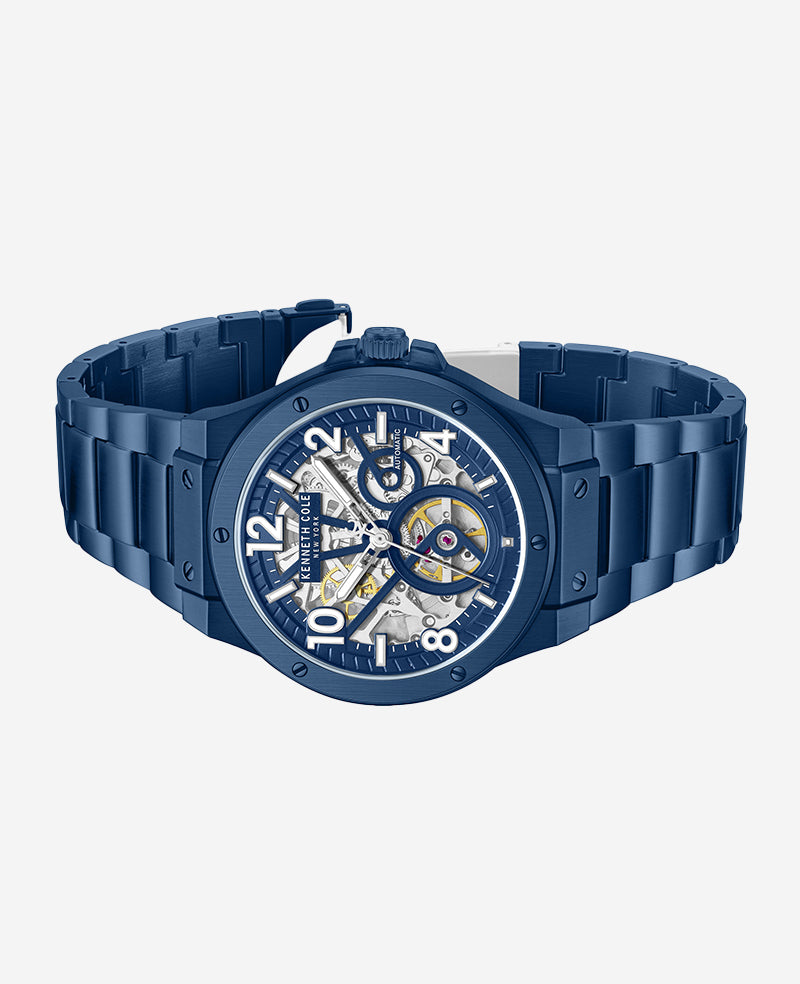 Kenneth Cole - Skeleton Automatic Blue-IP Stainless Steel Bracelet Watch MENS WATCHES for Men