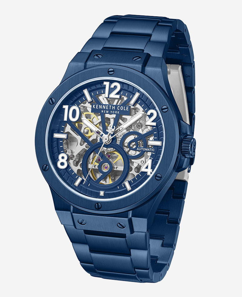 Kenneth Cole - Skeleton Automatic Blue-IP Stainless Steel Bracelet Watch MENS WATCHES for Men