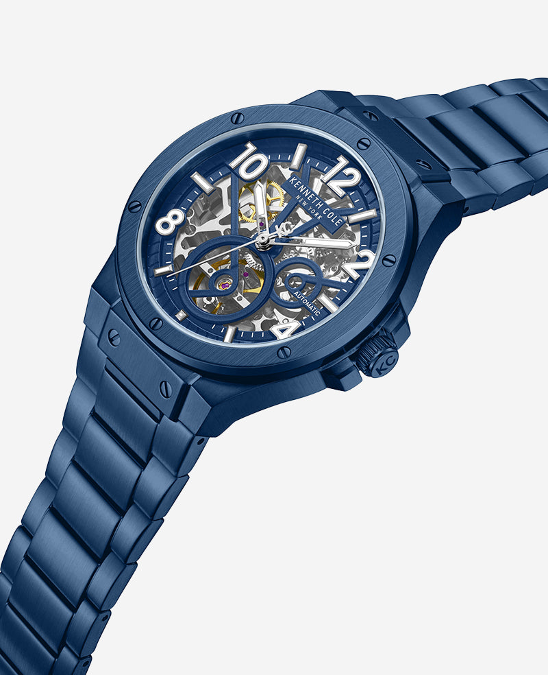 Kenneth Cole - Skeleton Automatic Blue-IP Stainless Steel Bracelet Watch MENS WATCHES for Men