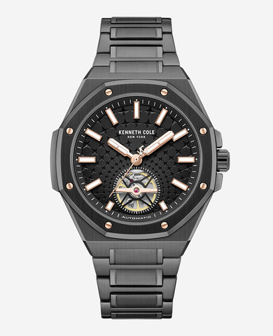 Skeleton Automatic Black Rose Gold Stainless Steel Bracelet Watch