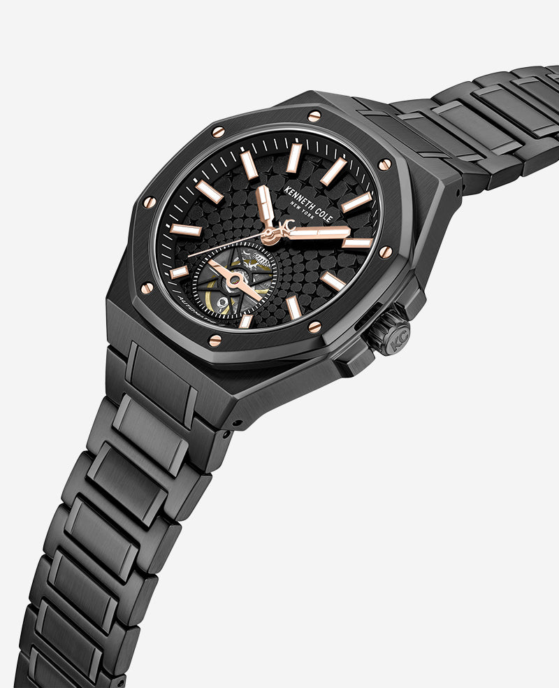 Kenneth Cole - Skeleton Automatic Black Rose Gold Stainless Steel Bracelet Watch MENS WATCHES for Men
