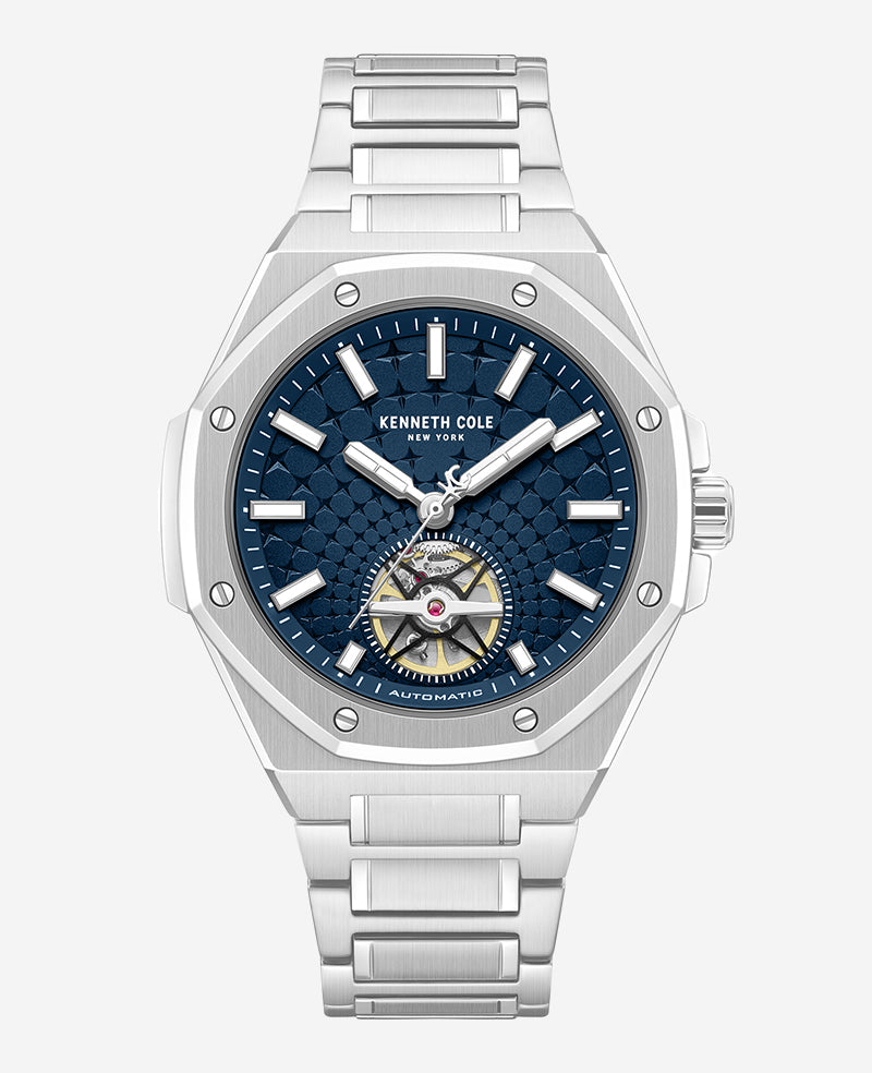 Kenneth Cole - Skeleton Automatic Blue Dial Stainless Steel Bracelet Watch MENS WATCHES for Men 