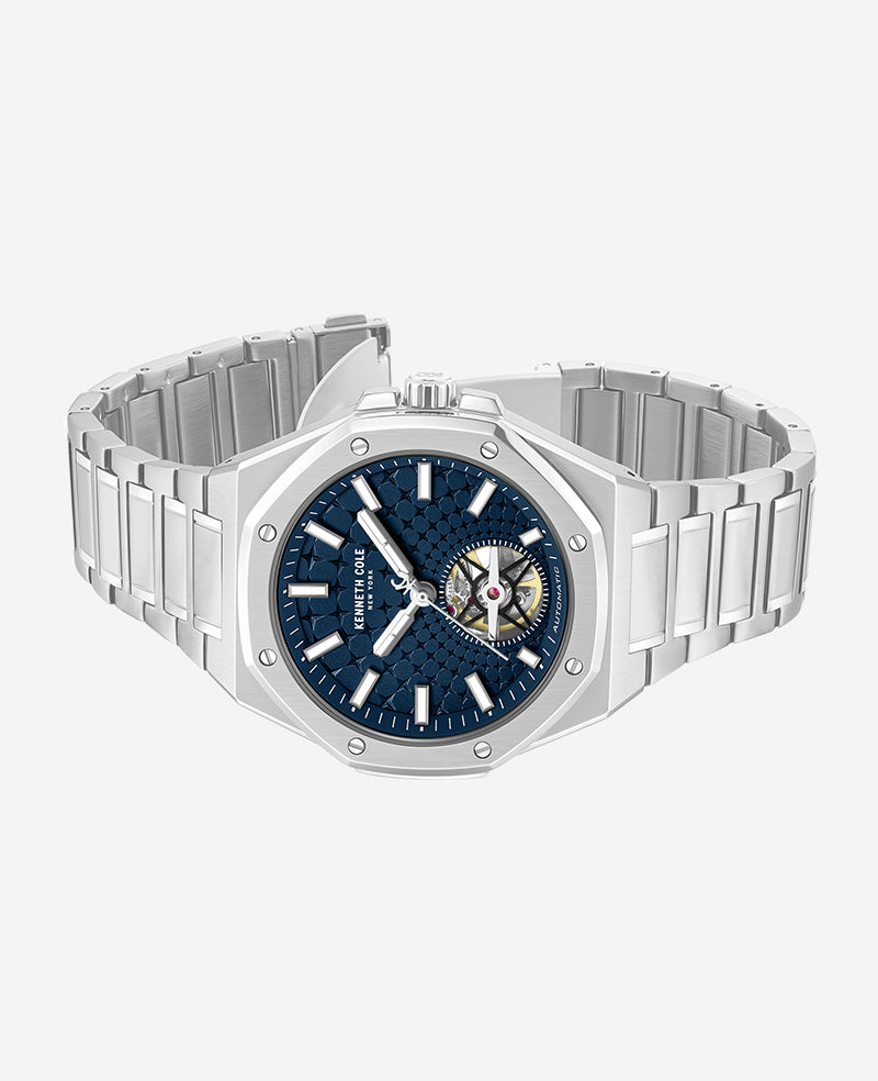 Kenneth Cole - Skeleton Automatic Blue Dial Stainless Steel Bracelet Watch MENS WATCHES for Men