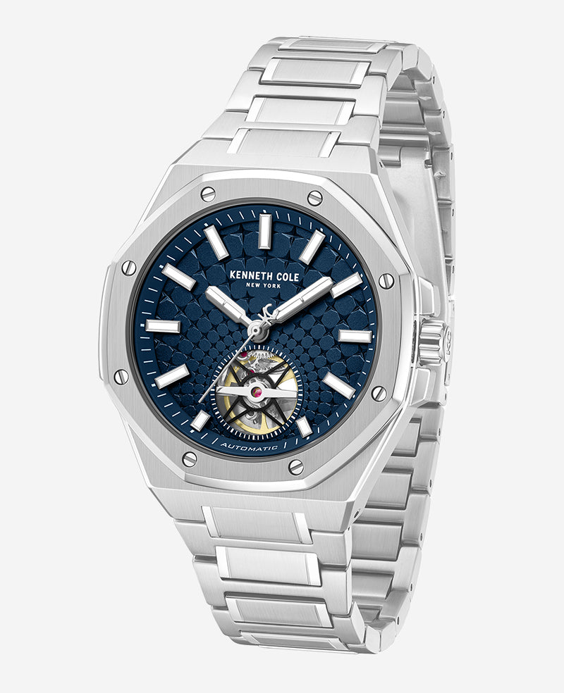 Kenneth Cole - Skeleton Automatic Blue Dial Stainless Steel Bracelet Watch MENS WATCHES for Men
