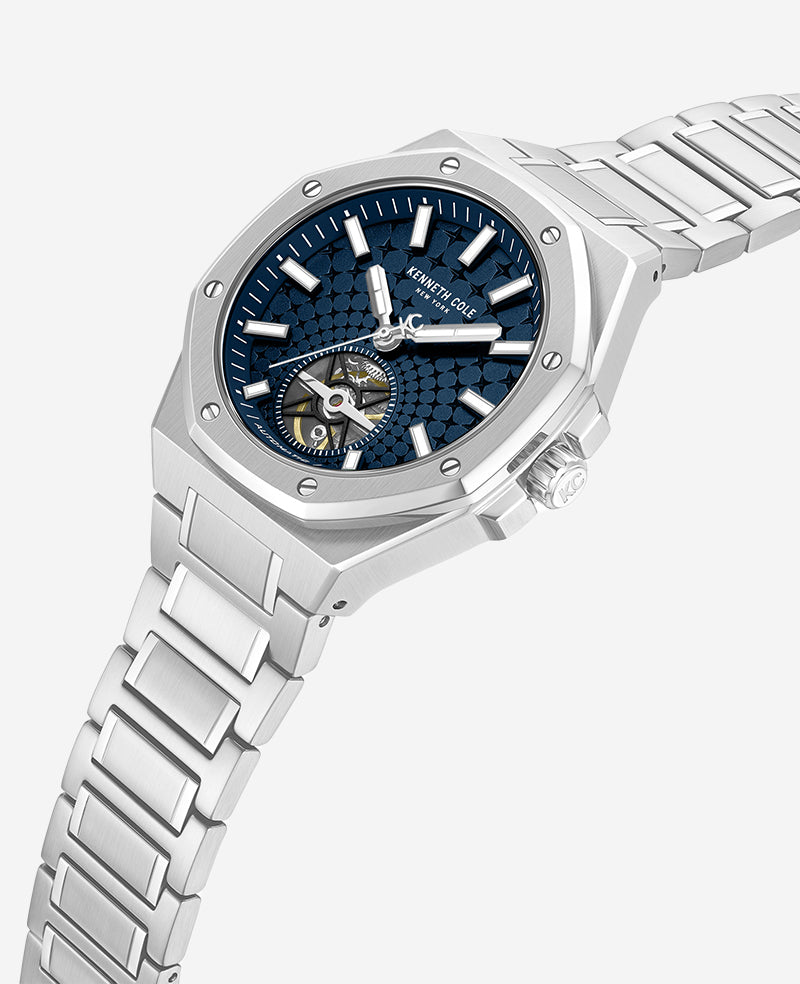 Kenneth Cole - Skeleton Automatic Blue Dial Stainless Steel Bracelet Watch MENS WATCHES for Men