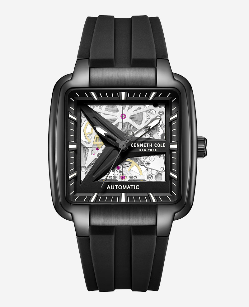 Kenneth Cole - Skeleton Automatic Black Silicone Strap Watch MENS WATCHES for Men