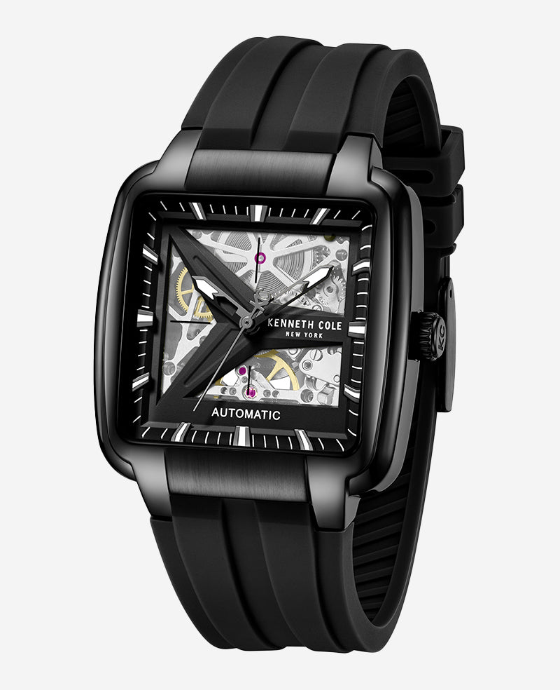 Kenneth Cole - Skeleton Automatic Black Silicone Strap Watch MENS WATCHES for Men