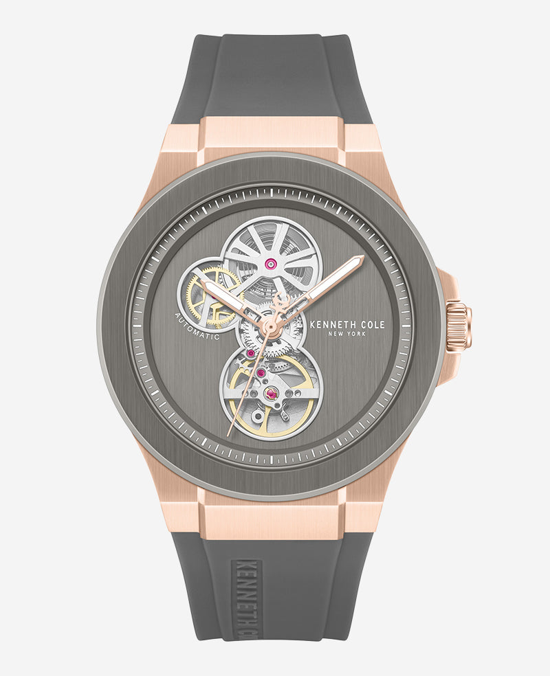 Kenneth Cole - Skeleton Automatic Rose Gold Silicone Strap Watch MENS WATCHES for Men 