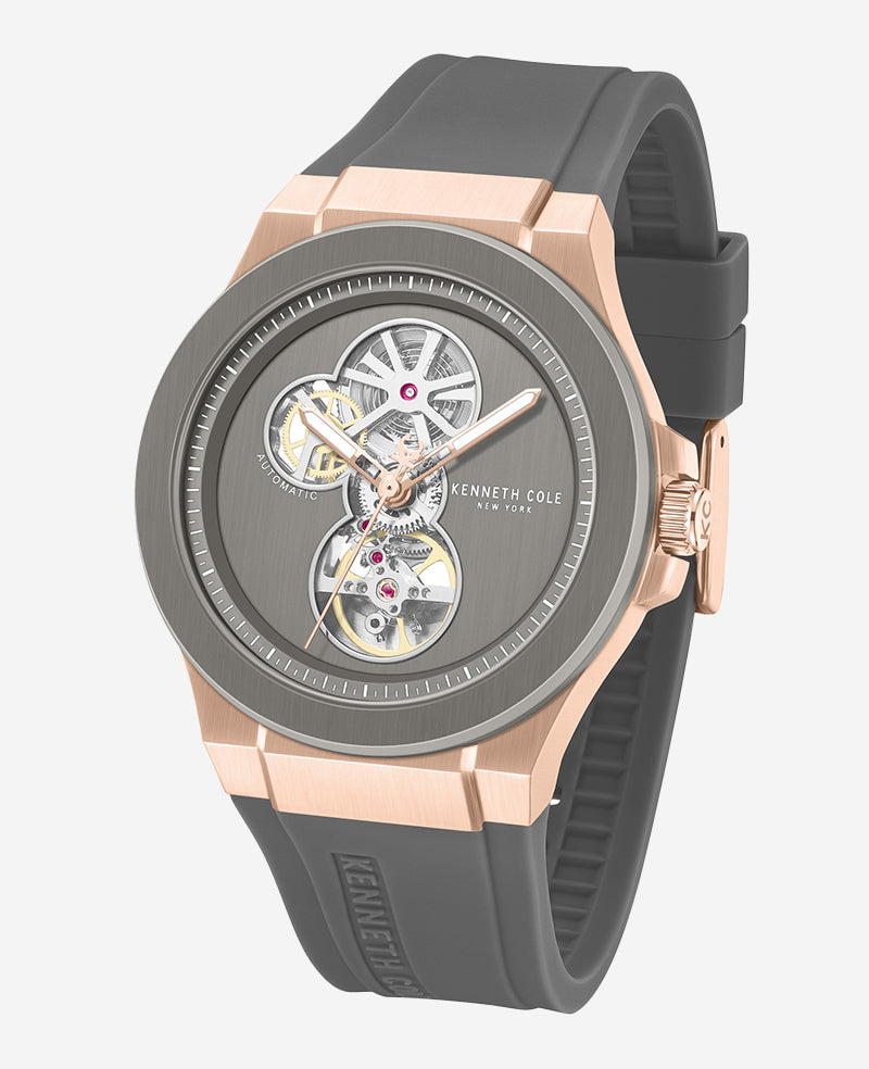 Kenneth Cole - Skeleton Automatic Rose Gold Silicone Strap Watch MENS WATCHES for Men