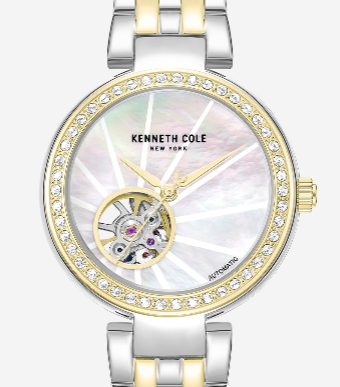 Open Heart Automatic Crystal Lined MOP Dial Two Tone Bracelet Watch