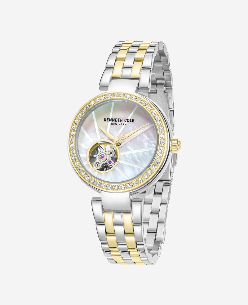 Kenneth Cole - Open Heart Automatic Crystal Lined MOP Dial Two Tone Bracelet Watch WOMENS WATCHES for Women