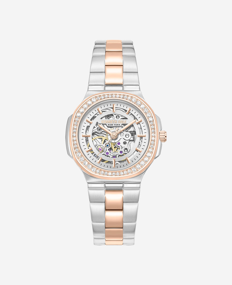 Kenneth Cole - Skeleton Automatic Crystal Lined Outer Dial Two Tone Bracelet Watch WOMENS WATCHES for Women