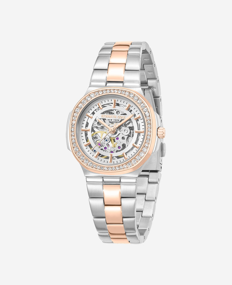Kenneth Cole - Skeleton Automatic Crystal Lined Outer Dial Two Tone Bracelet Watch WOMENS WATCHES for Women