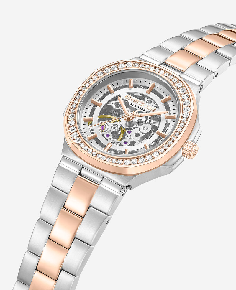 Kenneth Cole - Skeleton Automatic Crystal Lined Outer Dial Two Tone Bracelet Watch WOMENS WATCHES for Women