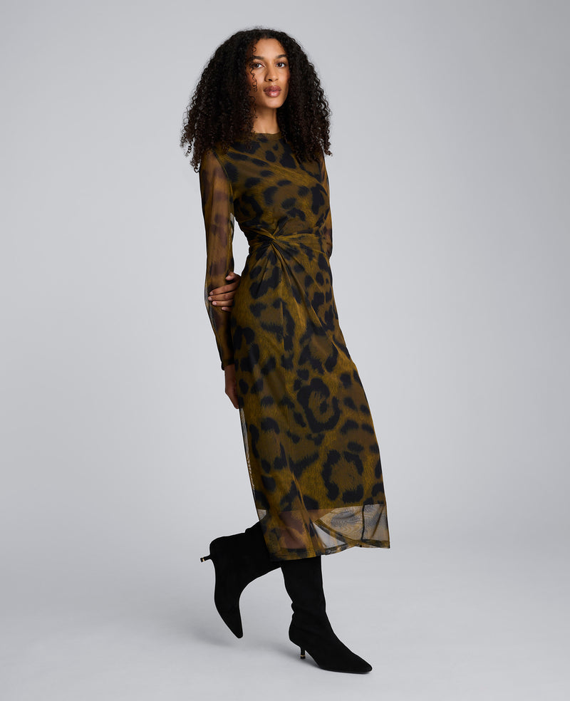 Kenneth Cole | Printed Mesh Knot Front Long Sleeve Midi Dress in OLIVE Green MULTI, Size: XL Kenneth Cole | Printed Mesh Knot Front Long Sleeve Midi Dress in OLIVE Green MULTI, Size: XL