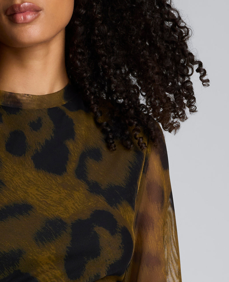 Kenneth Cole | Printed Mesh Knot Front Long Sleeve Midi Dress in OLIVE Green MULTI, Size: XL Kenneth Cole | Printed Mesh Knot Front Long Sleeve Midi Dress in OLIVE Green MULTI, Size: XL
