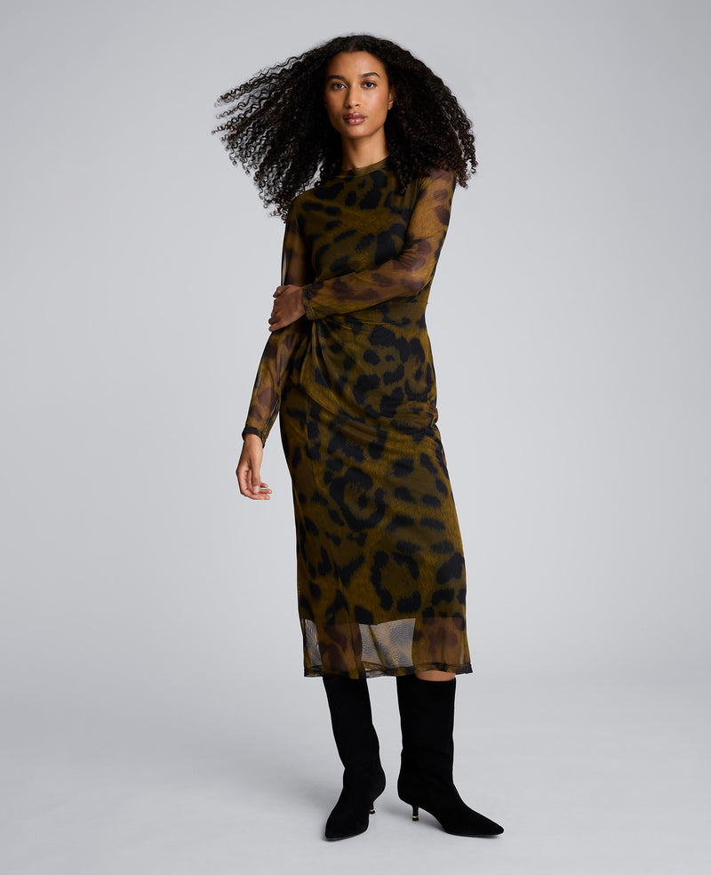 Printed Mesh Knot Front Long Sleeve Midi Dress Printed Mesh Knot Front Long Sleeve Midi Dress