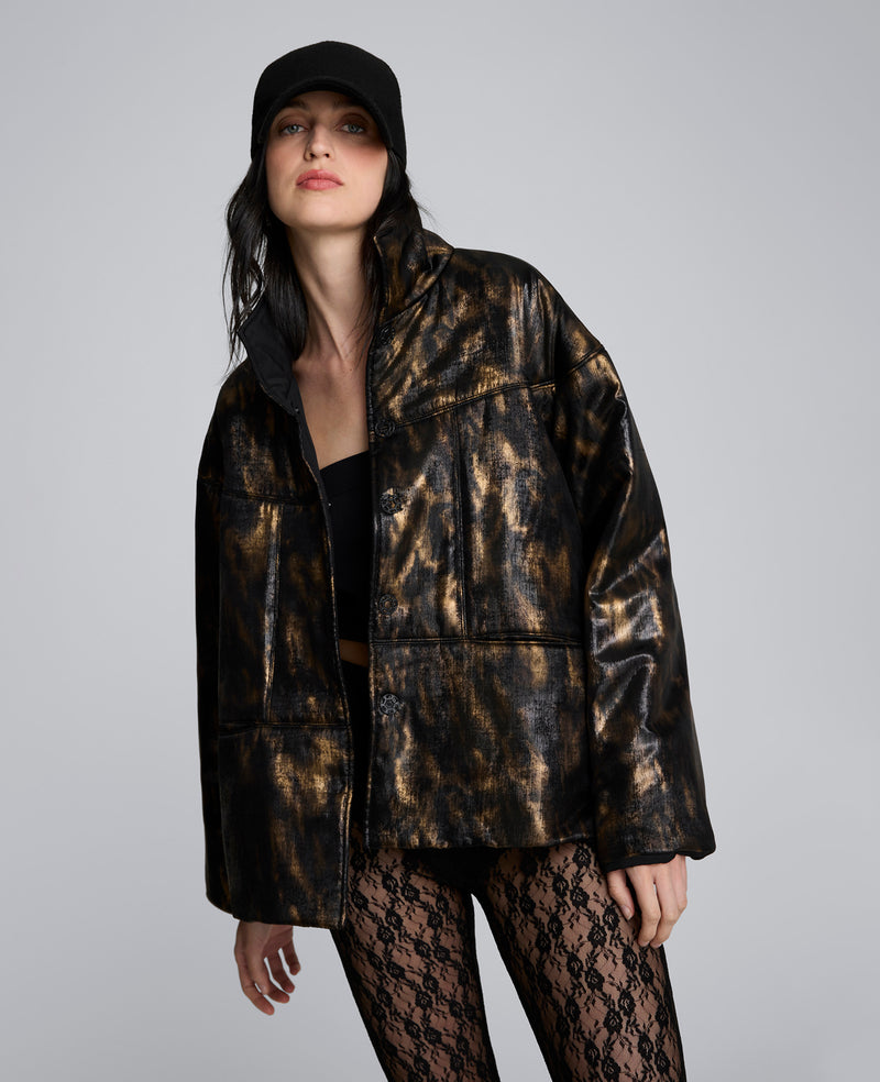 Kenneth Cole - Animal Foiled Satin Lightweight Seamed Puffer Jacket WOMENS JACKET for Women