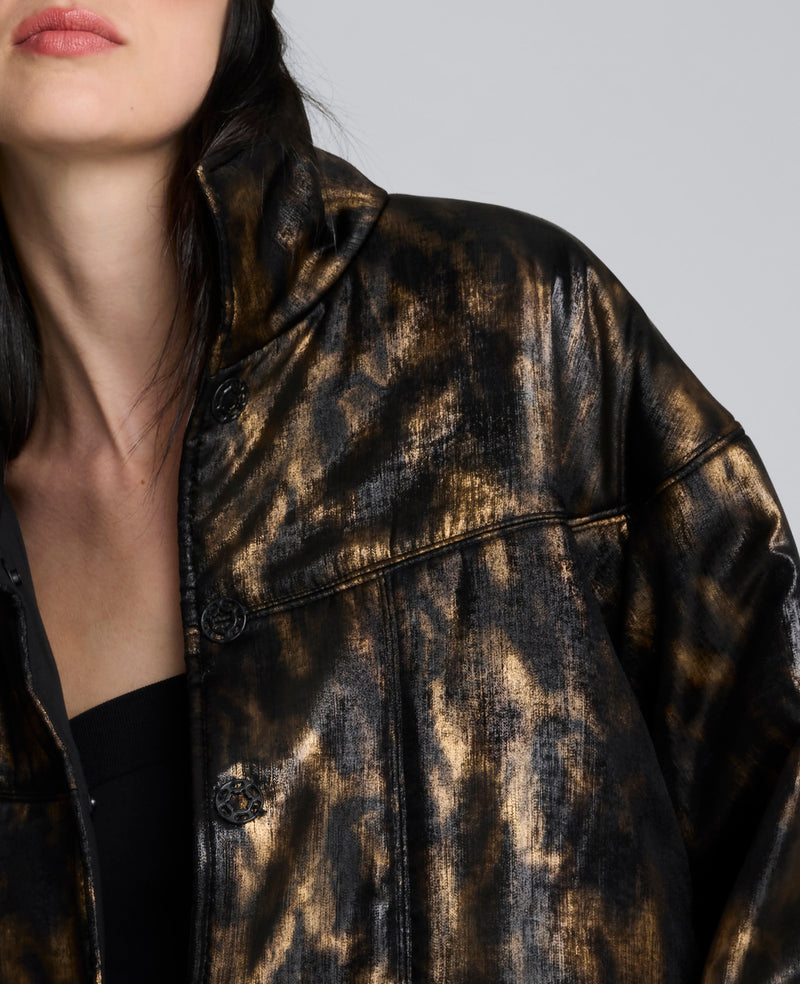 Kenneth Cole - Animal Foiled Satin Lightweight Seamed Puffer Jacket WOMENS JACKET for Women