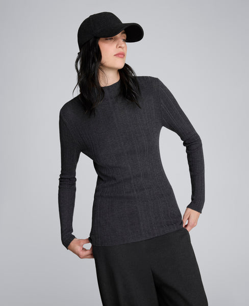 Ralph Lauren Women's Stretch Textured Ribbed Heather Long Sleeve Mock Neck Sweater Grey Size Small