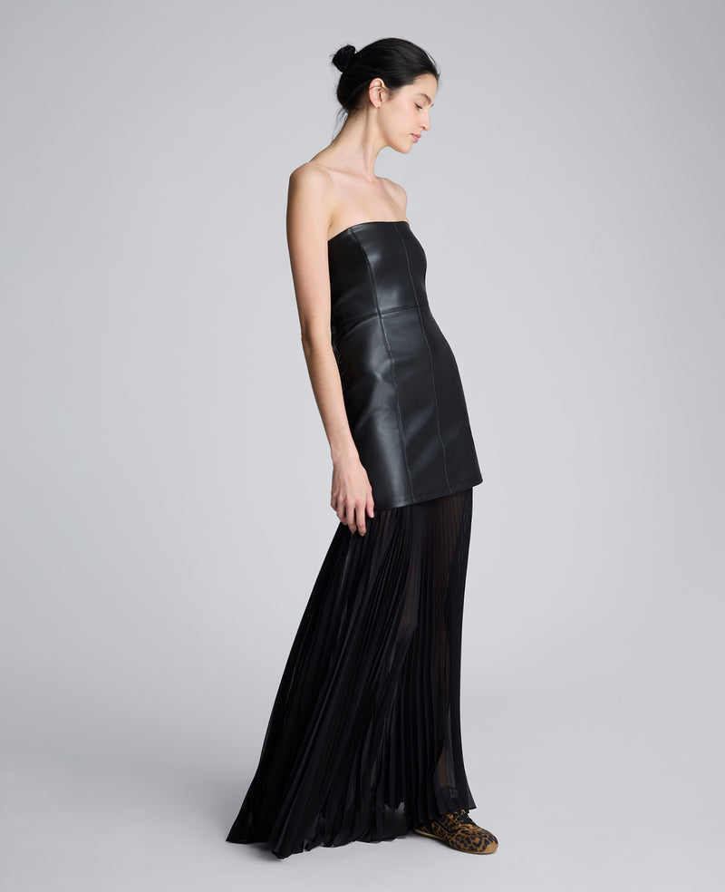 Kenneth Cole - Faux Leather Mixed Media Pleated Maxi Dress WOMENS DRESS for Women