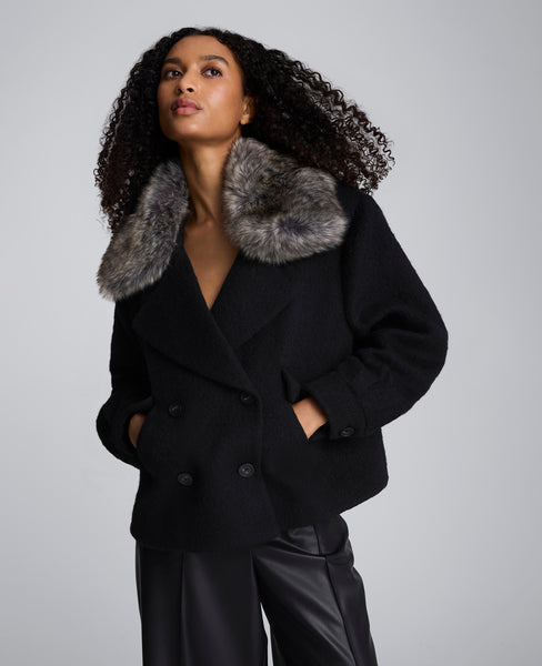 Brushed Wool Removeable Faux Fur Collar Cropped Peacoat
