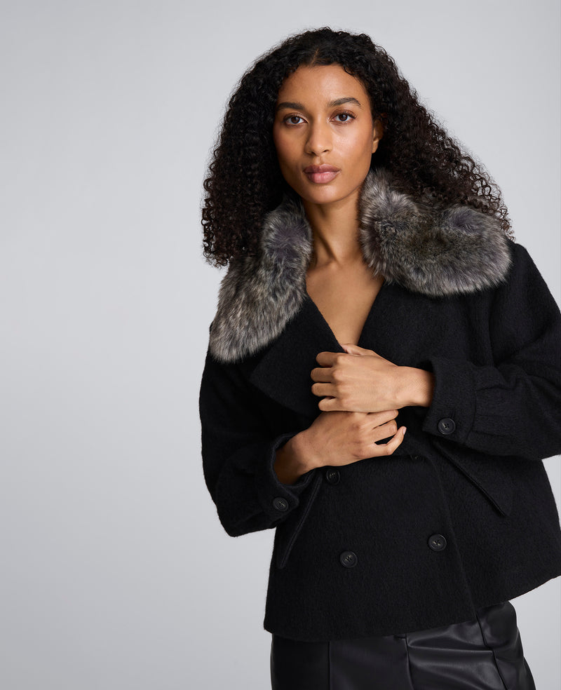 Kenneth Cole - Brushed Wool Removeable Faux Fur Collar Cropped Peacoat WOMENS JACKET for Women