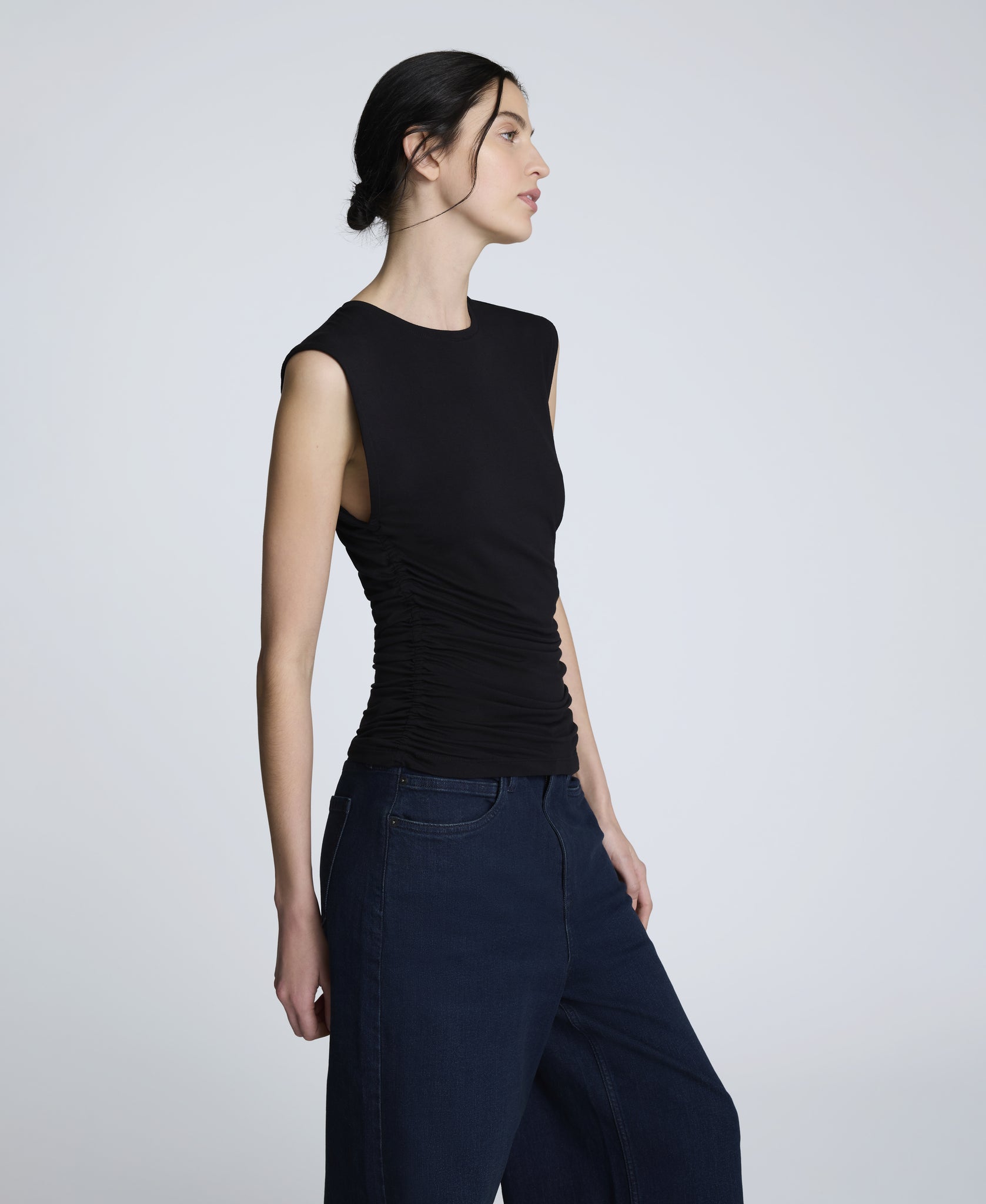 Sleeveless Side Rouched Knit Top – Black | Kenneth Cole