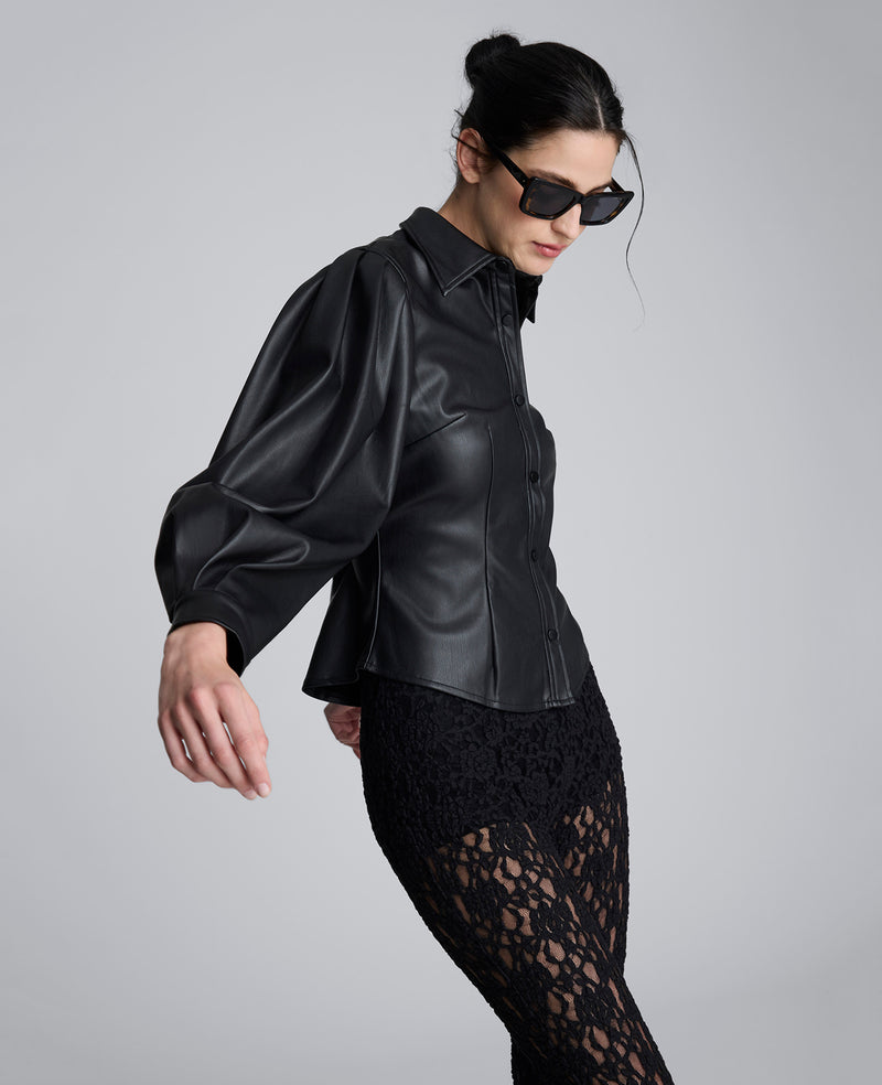 Kenneth Cole - Faux Leather Snap Front Pleated Long Sleeve Fitted Shirt WOMENS TOPS for Women