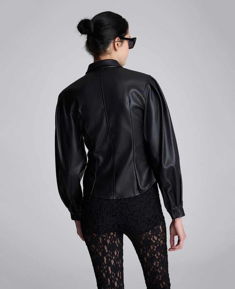 Kenneth Cole - Faux Leather Snap Front Pleated Long Sleeve Fitted Shirt WOMENS TOPS for Women