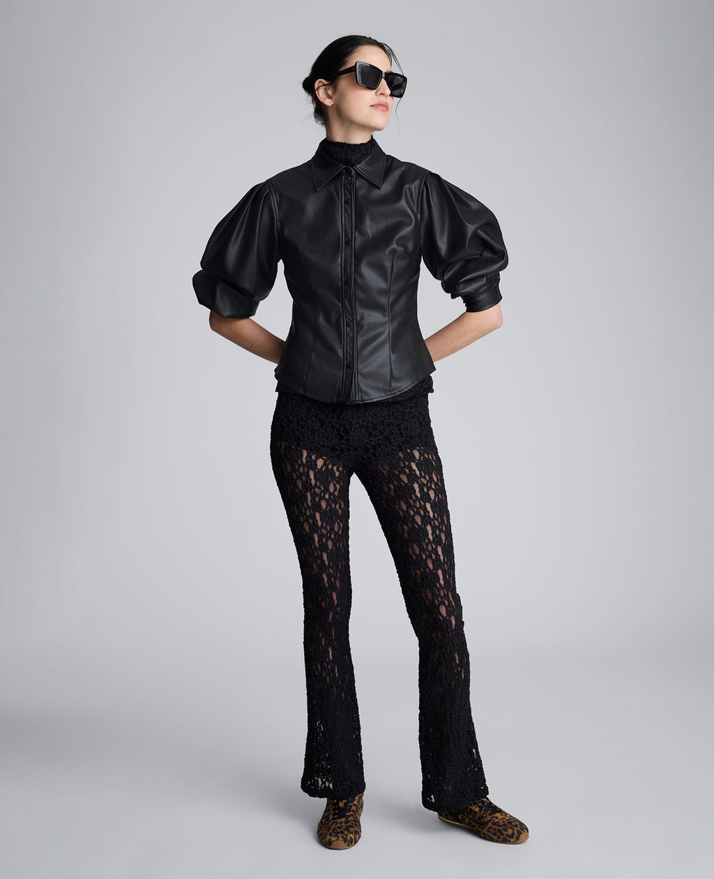 Kenneth Cole - Faux Leather Snap Front Pleated Long Sleeve Fitted Shirt WOMENS TOPS for Women 