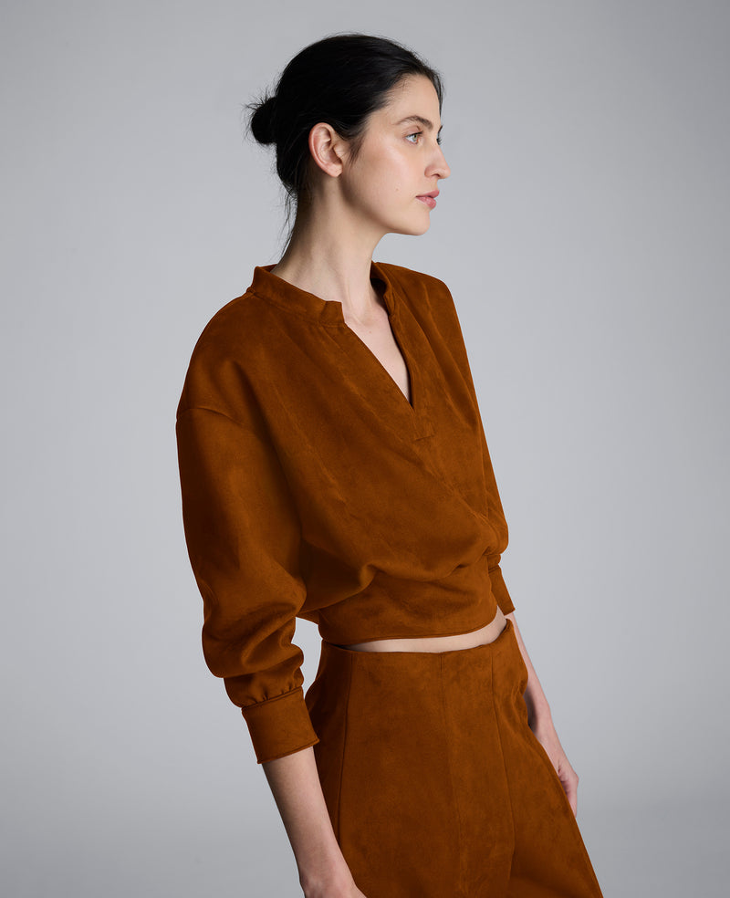 Kenneth Cole - Faux Suede Shoulder Pleated Long Sleeve Knit Pullover WOMENS KNITS for Women