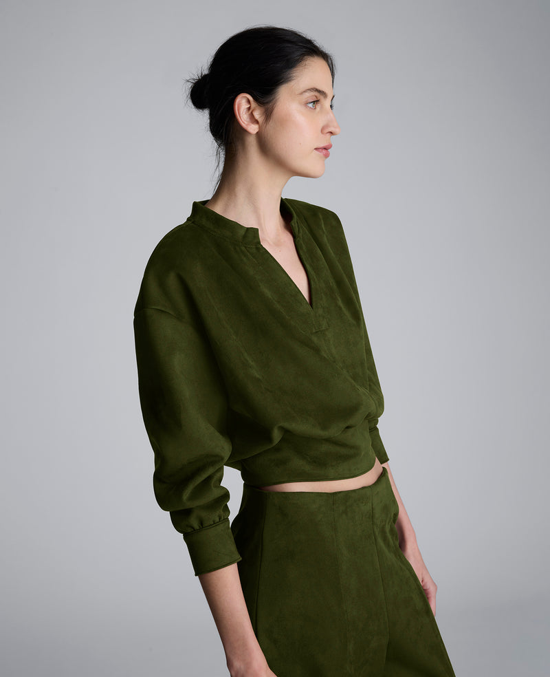 Kenneth Cole - Faux Suede Shoulder Pleated Long Sleeve Knit Pullover WOMENS KNITS for Women