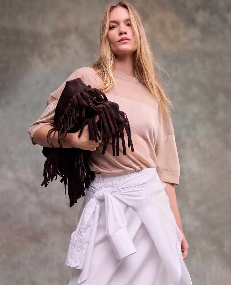 Kenneth Cole - Shiny Semi Sheer Stripe Crew Neck WOMENS SWEATER for Women