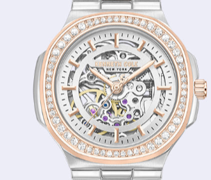 Skeleton Automatic Crystal Lined Outer Dial Two Tone Bracelet Watch