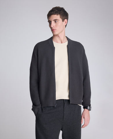 Sweater Bomber Jacket: Charcoal Waffle Knit | Kenneth Cole