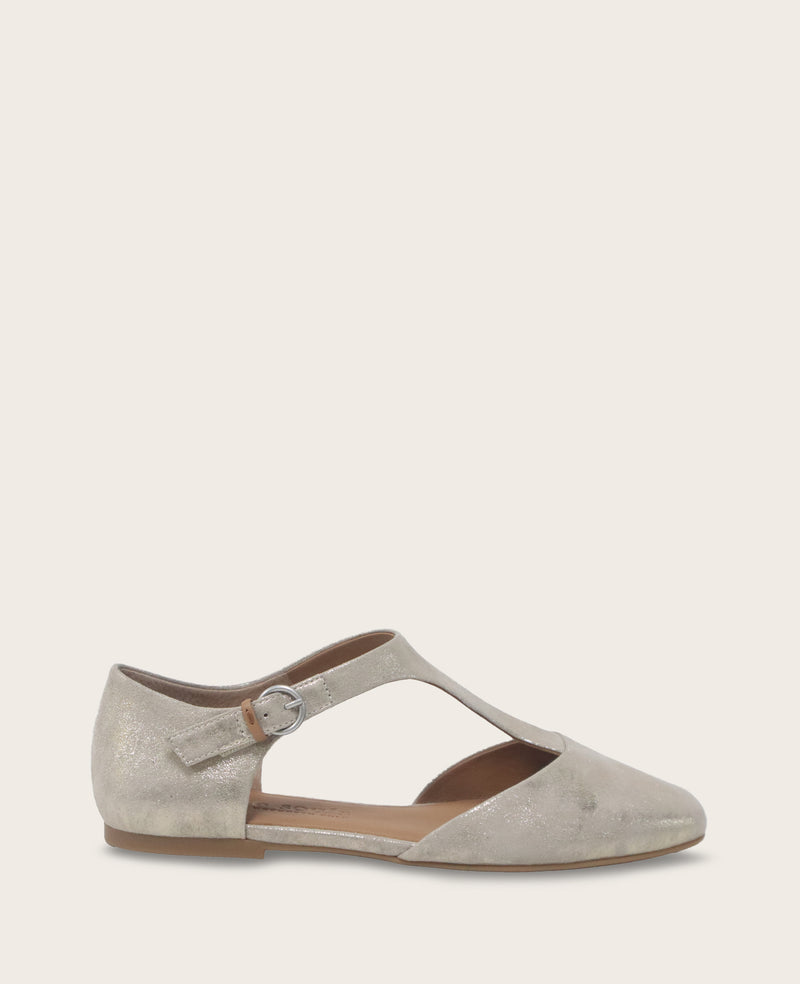 Wyatt Metallic T-Strap Flat in Gravel | Gentle Souls KC