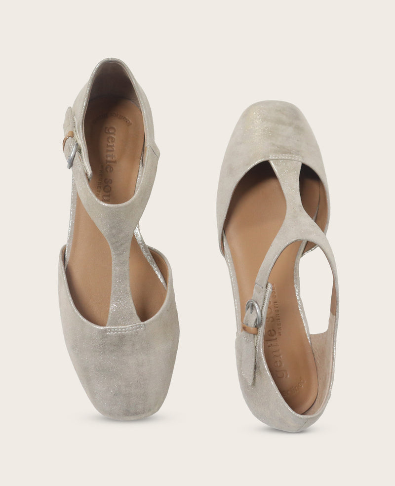 ●SUAVE GOTTI Wyatt Metallic T-Strap Flat in Gravel | Gentle Souls KC