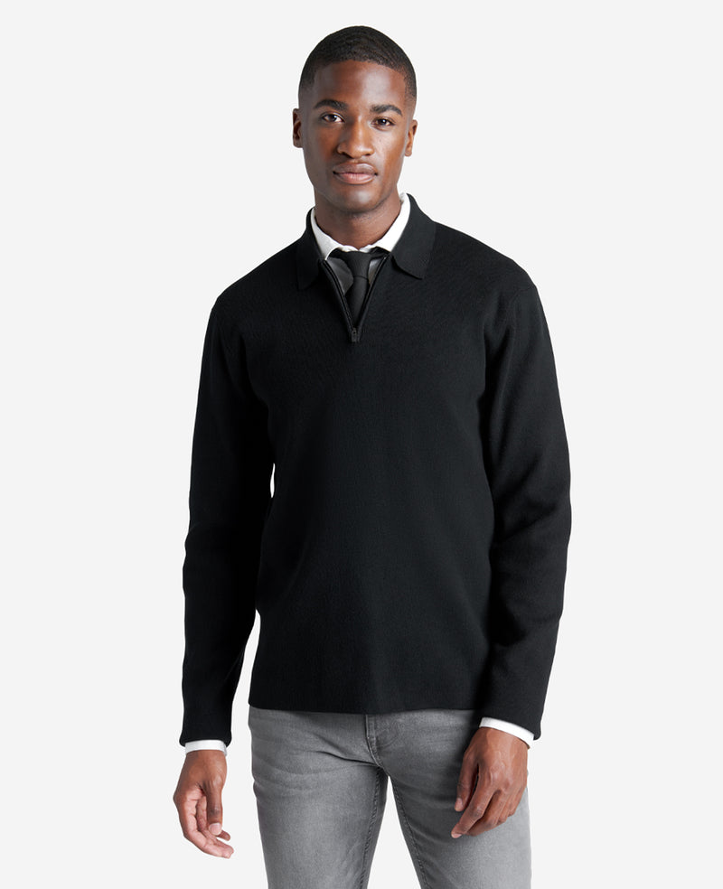 black sweater dress men Black Waffle Knit Quarter-Zip Sweater for Short Men